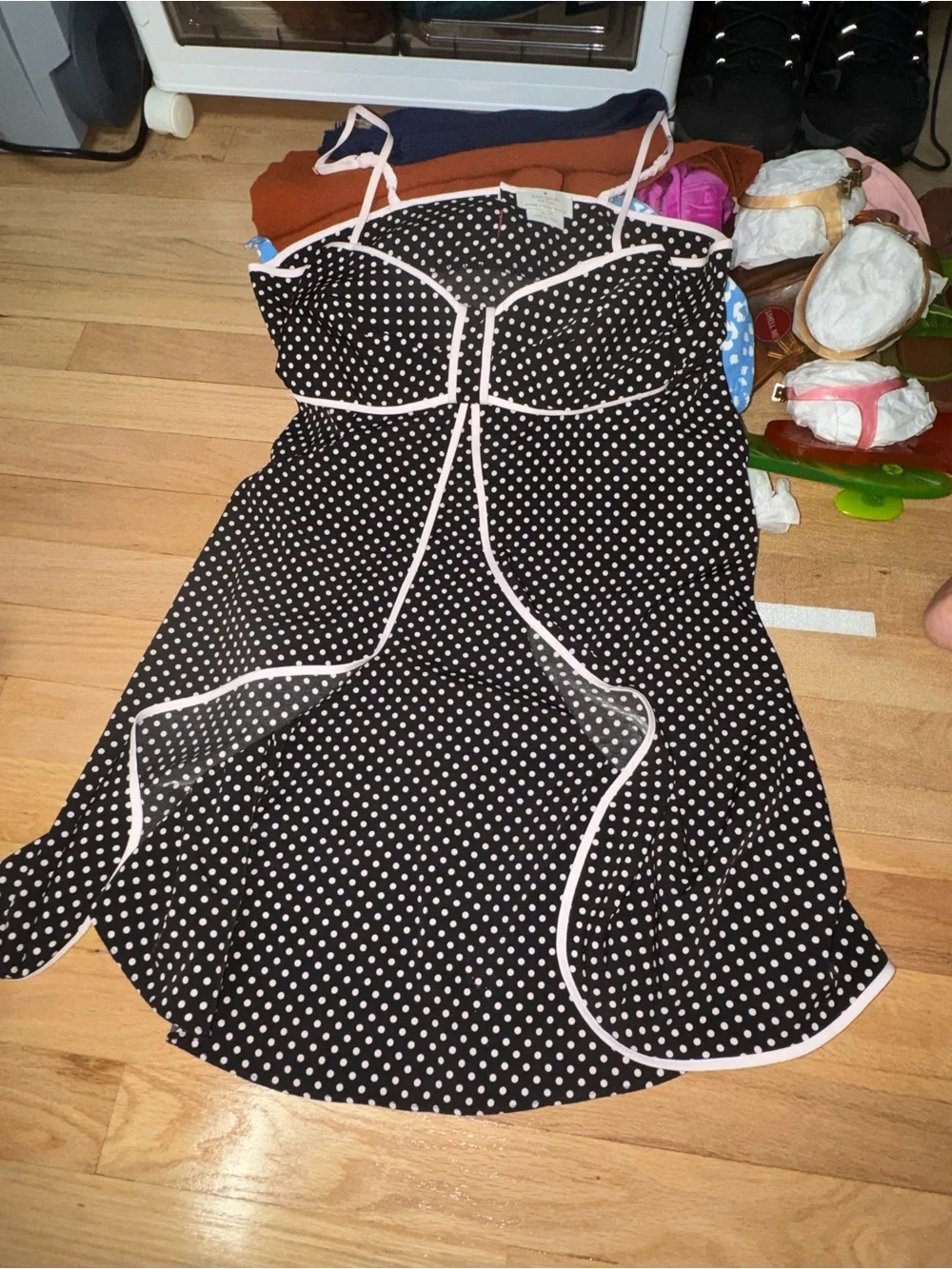 kate spade Black Polka Dot Strapless Pajama Dress with Pink Piping